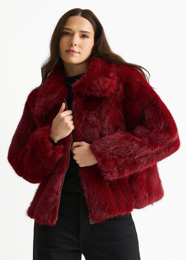 Gini London Burgundy Zip Front Faux Fur Short Jacket