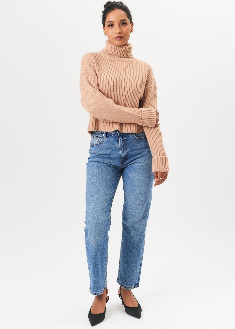Gini London Camel High Neck Chunky Knit Crop Jumper