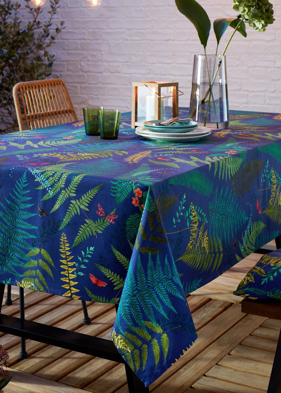 RHS Navy Woodland Fern Shower Proof Dining Table Cloth (137x229cm)