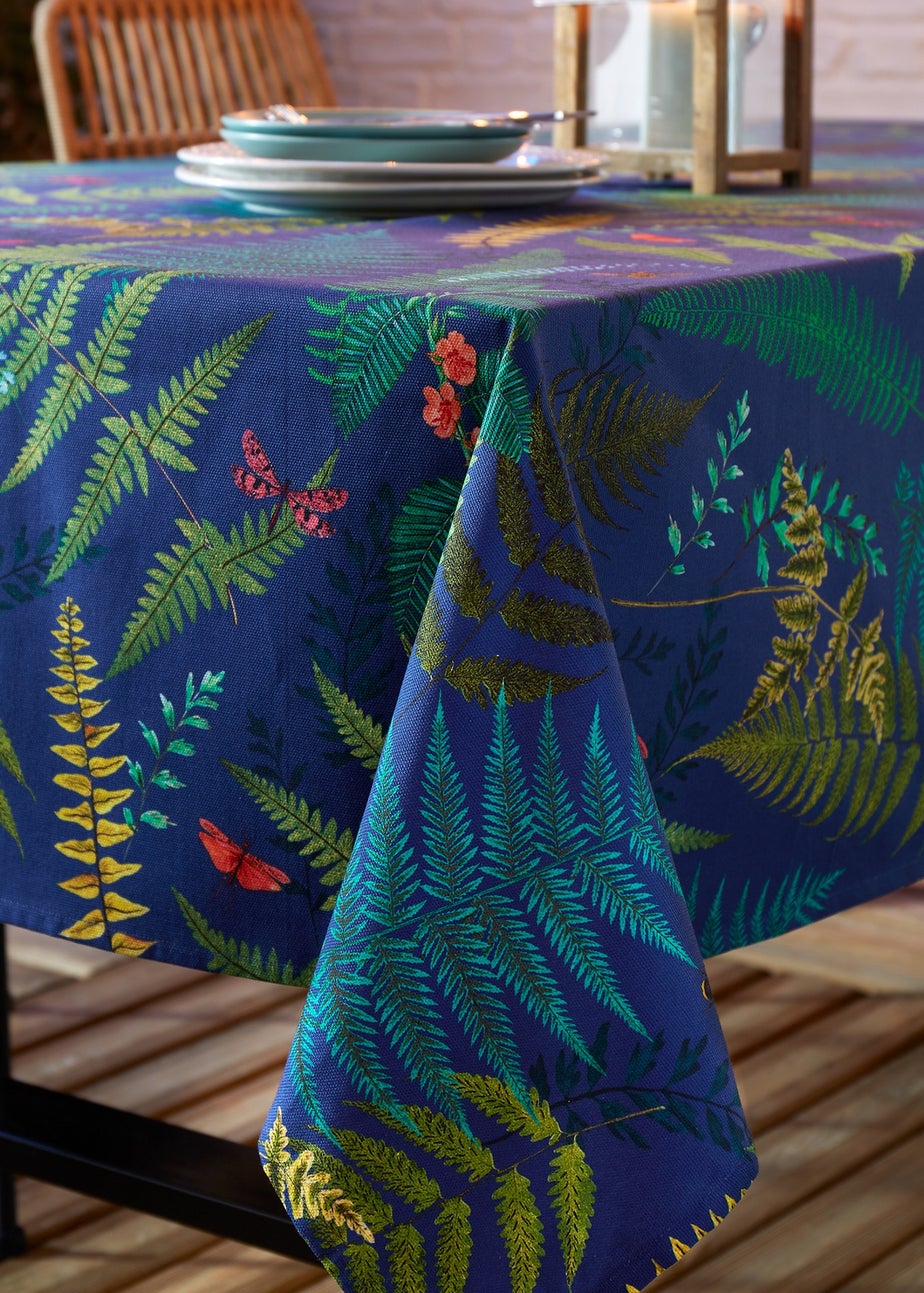 RHS Navy Woodland Fern Shower Proof Dining Table Cloth (137x229cm)