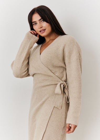 In The Style Oatmeal Knitted Wrap Dress