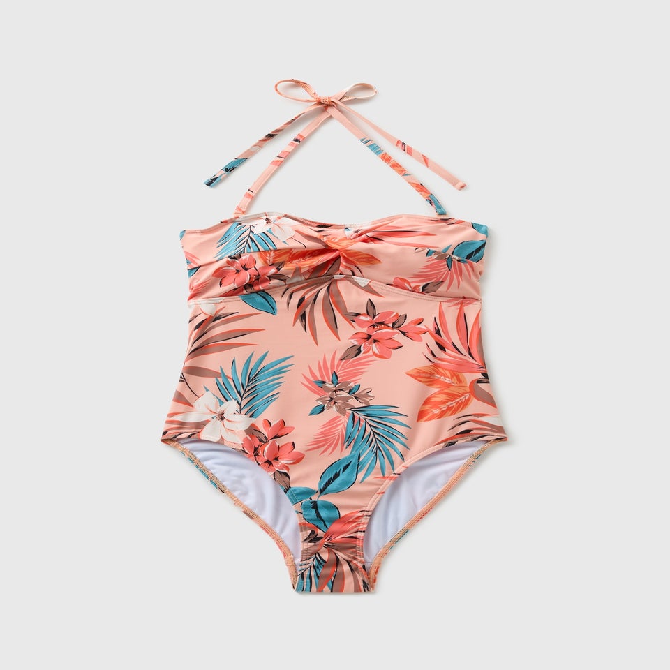 Coral Tropical Halter Neck Swimsuit