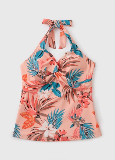 Peach Floral Halter Neck Tankini Top
