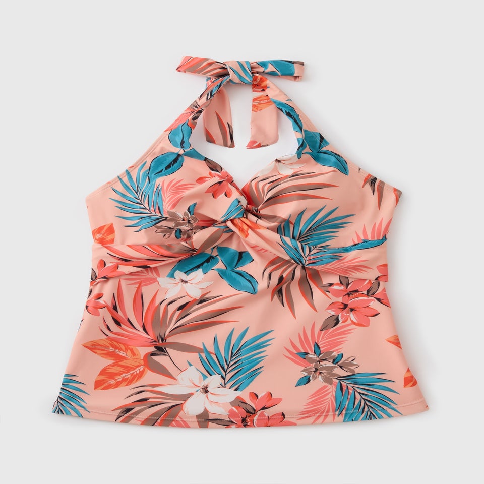 Peach Floral Halter Neck Tankini Top