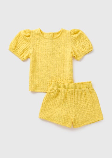 Girls Yellow Textured Puff Sleeve & Shorts Set (1-7yrs)