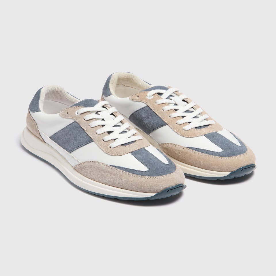 White and Blue Suede Panel Trainers