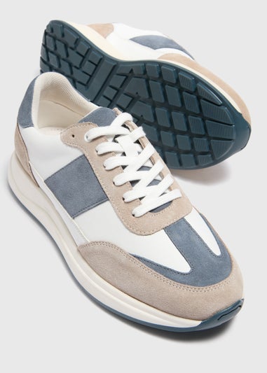 White and Blue Suede Panel Trainers