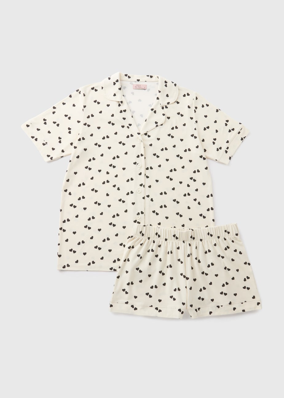 Cream Monochrome Heart Print Shorts Pyjama Set
