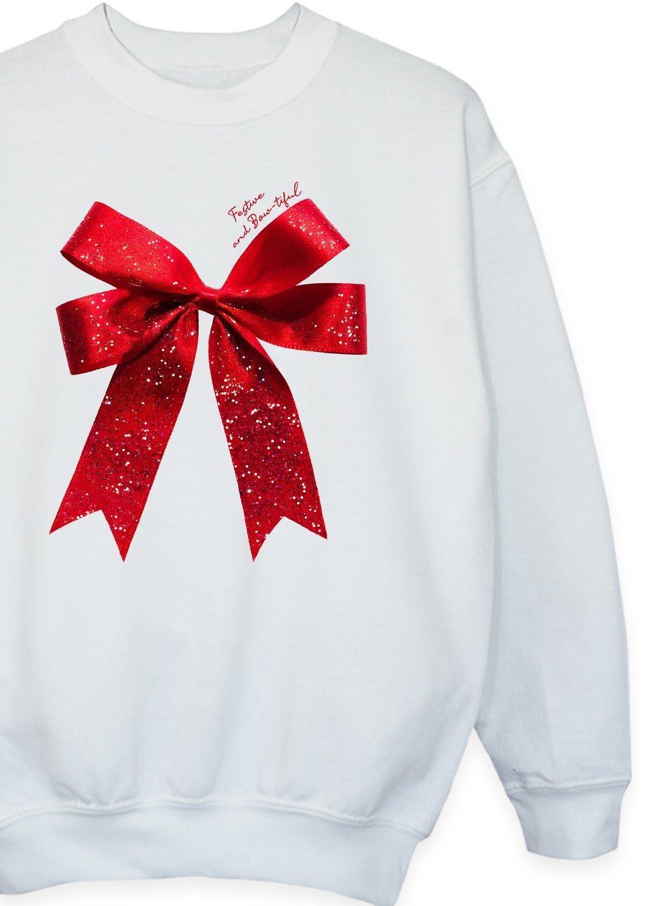 Christmas Bow Girls White Graphic Sweatshirt (3-13 Years)