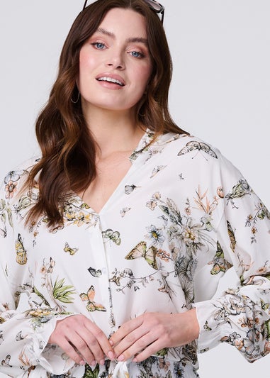 Izabel London Beige Butterfly Print Long Sleeve Shirt
