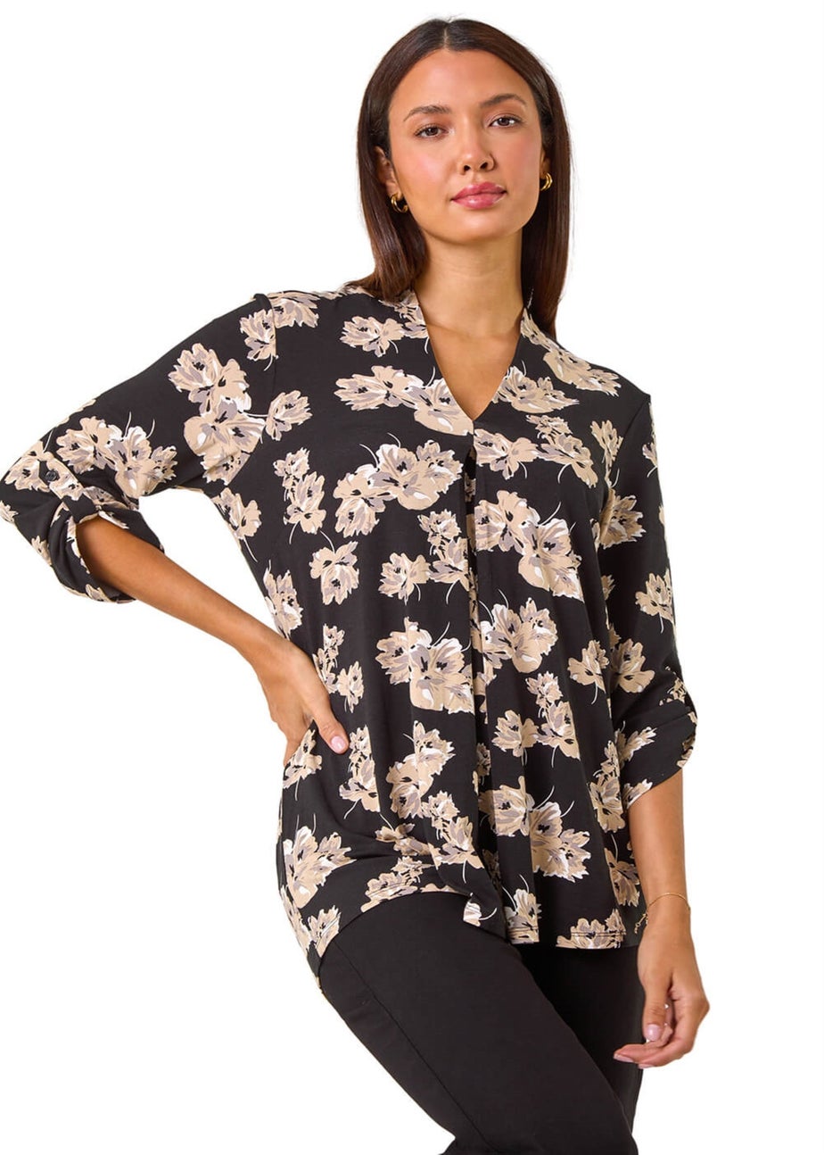 Roman Black Floral V-Neck Pleat Front Stretch Top