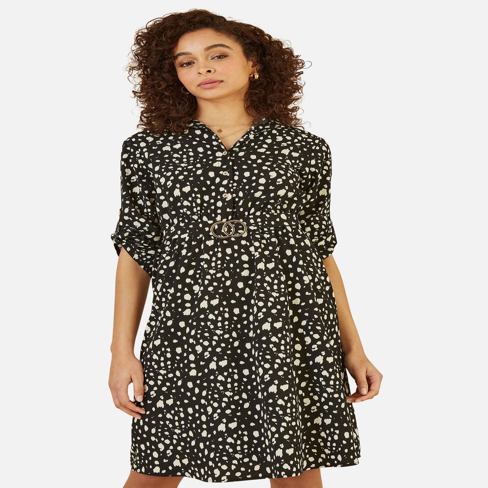 Mela Black Dash Print Skater Dress With Buckle