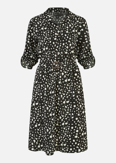 Mela Black Dash Print Skater Dress With Buckle