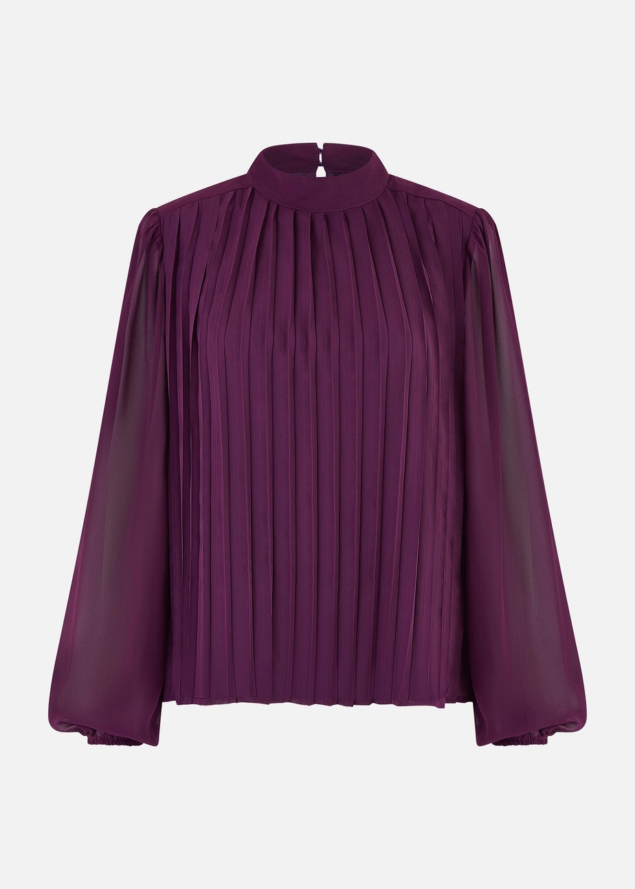 Mela Plum Pleated Long Sleeve Top With High Neck