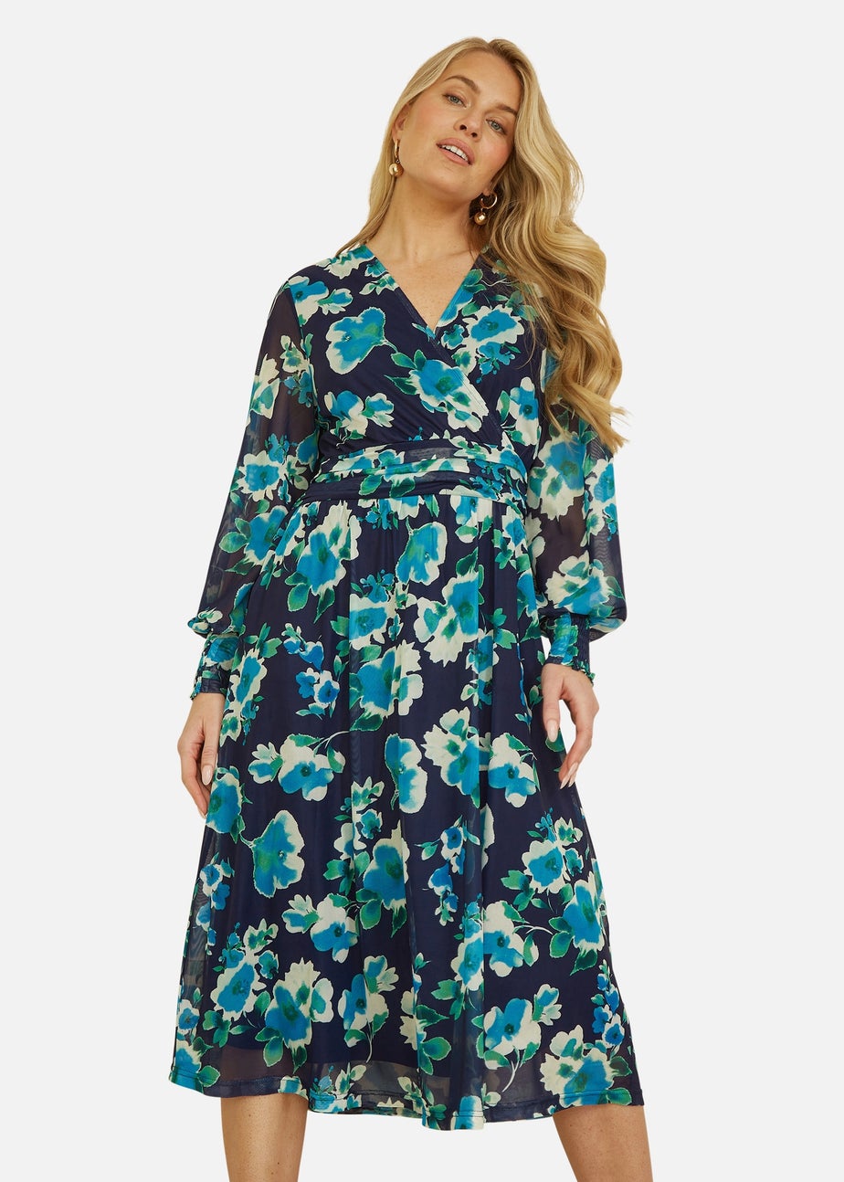 Yumi Blue Floral Mesh Wrap Dress With Long Sleeves