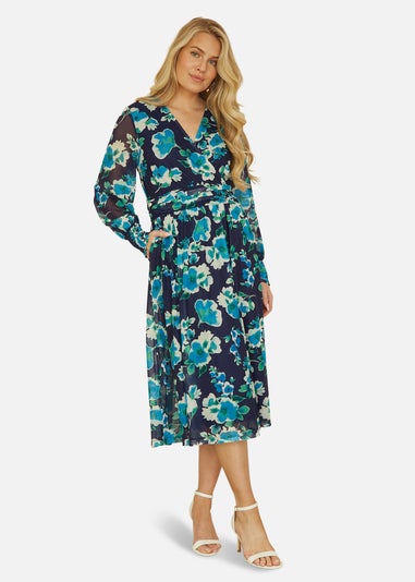 Yumi Blue Floral Mesh Wrap Dress With Long Sleeves