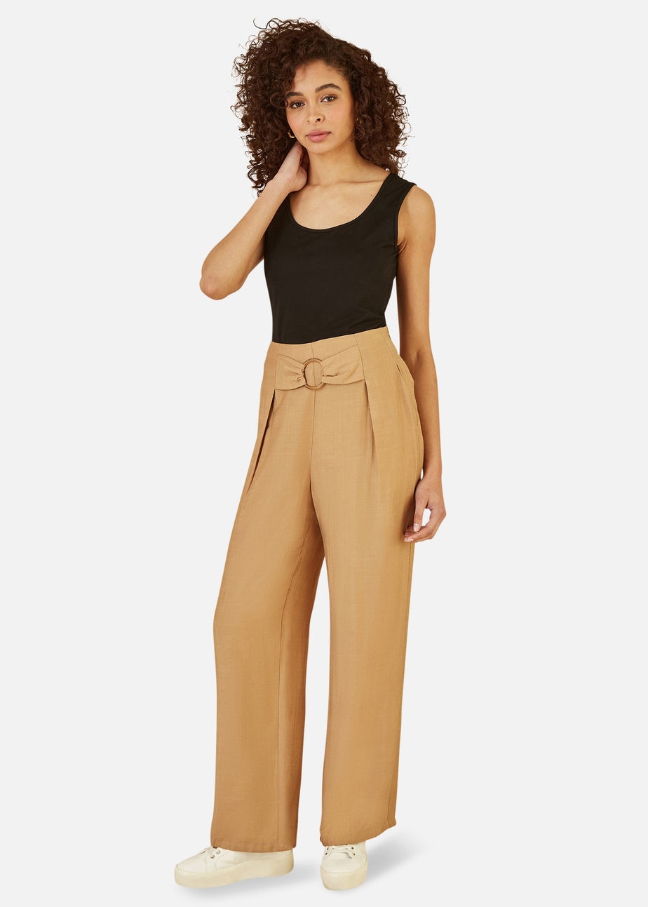 Yumi Brown Wide Leg trousers With Front Buckle Detail