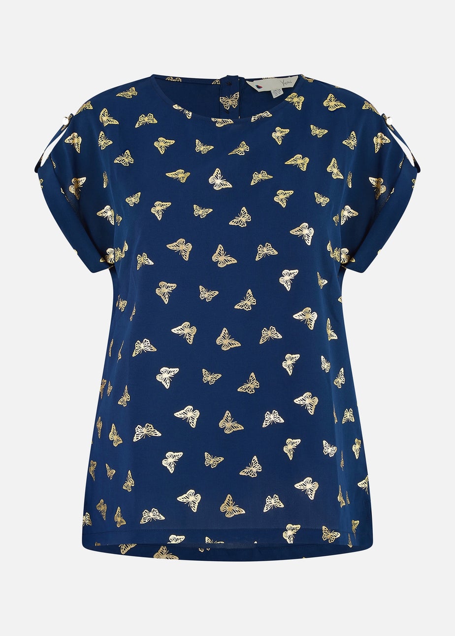 Yumi Navy Foil Butterfly Print Top