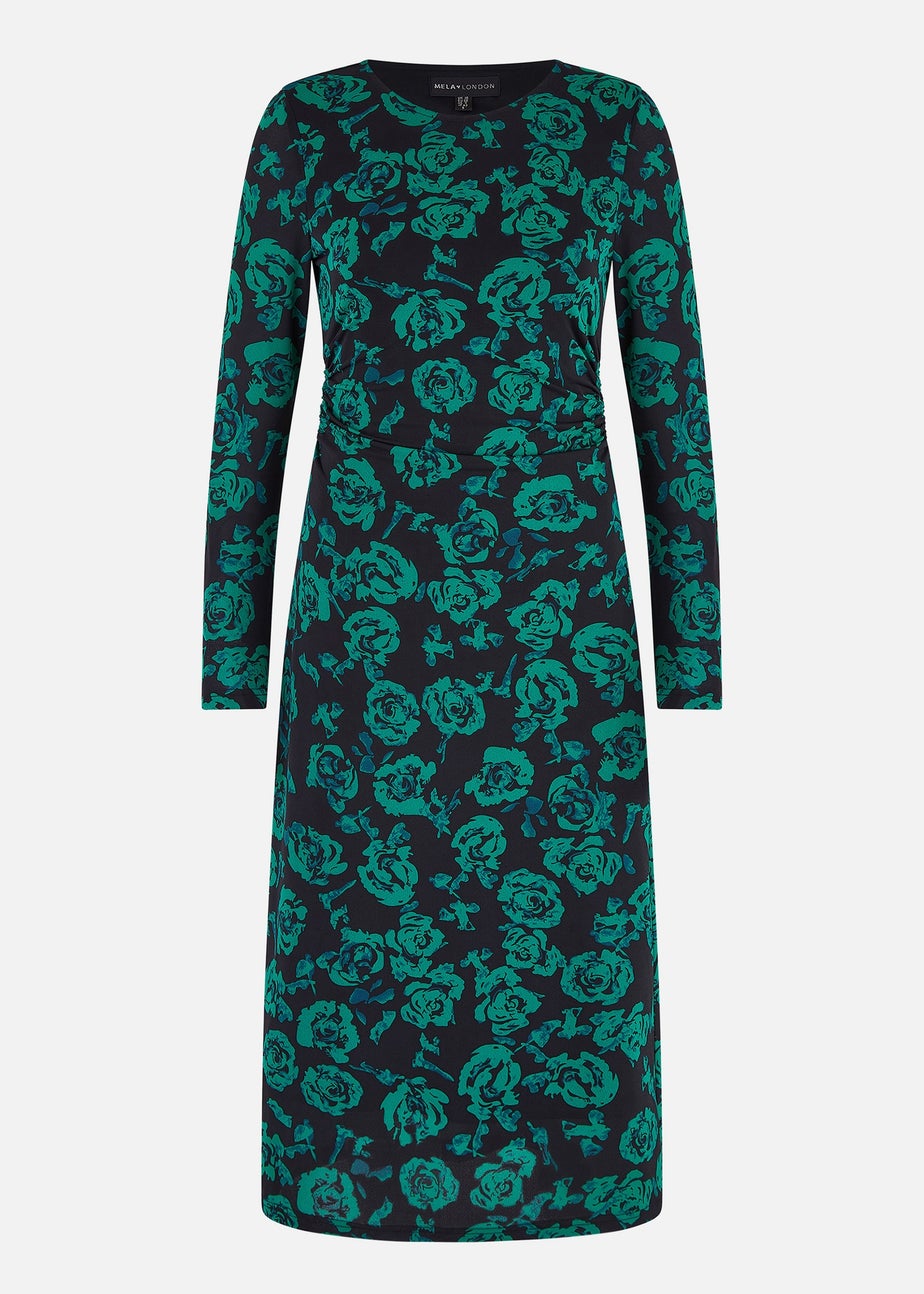 Yumi Green Floral Fitted Mesh Midi Dress With Long Sleeves