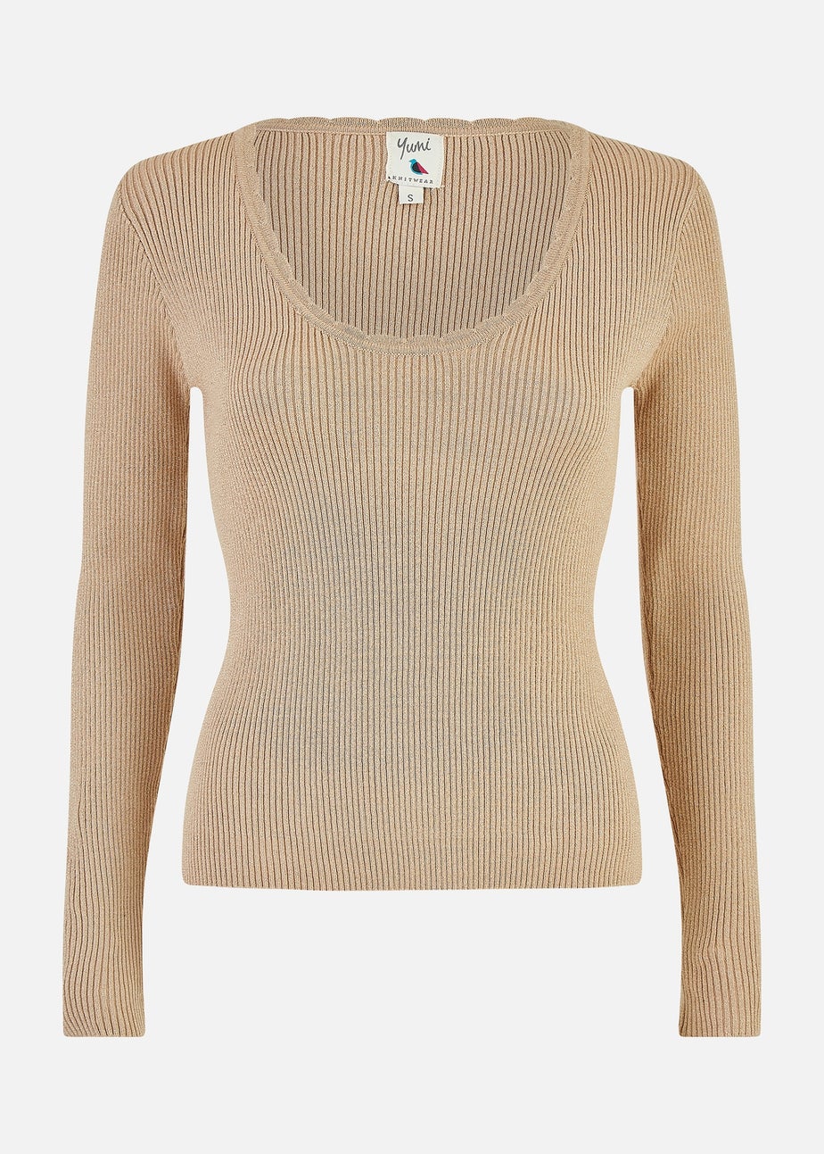 Yumi Gold Metallic Knitted Ribbed Top