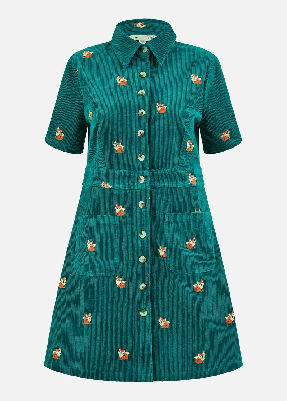 Yumi Teal Cord Shirt Dress With All Over Fox Embroidery