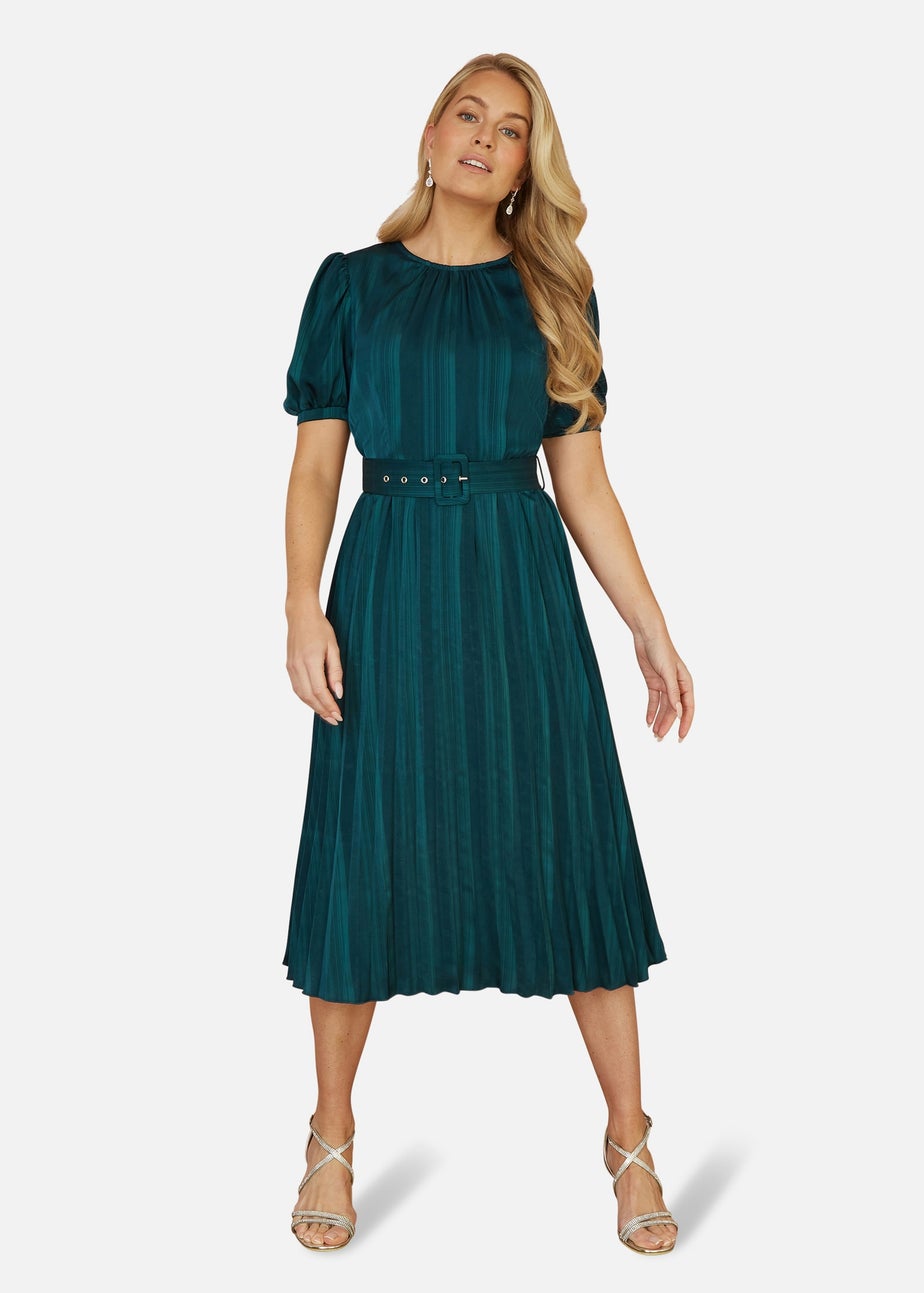 Yumi Green Satin Striped Midi Dress With Pleats and Matching Belt