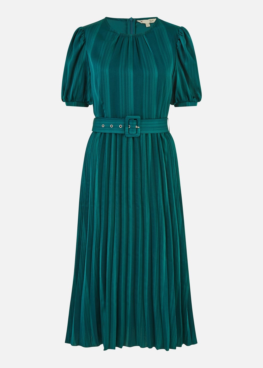 Yumi Green Satin Striped Midi Dress With Pleats and Matching Belt