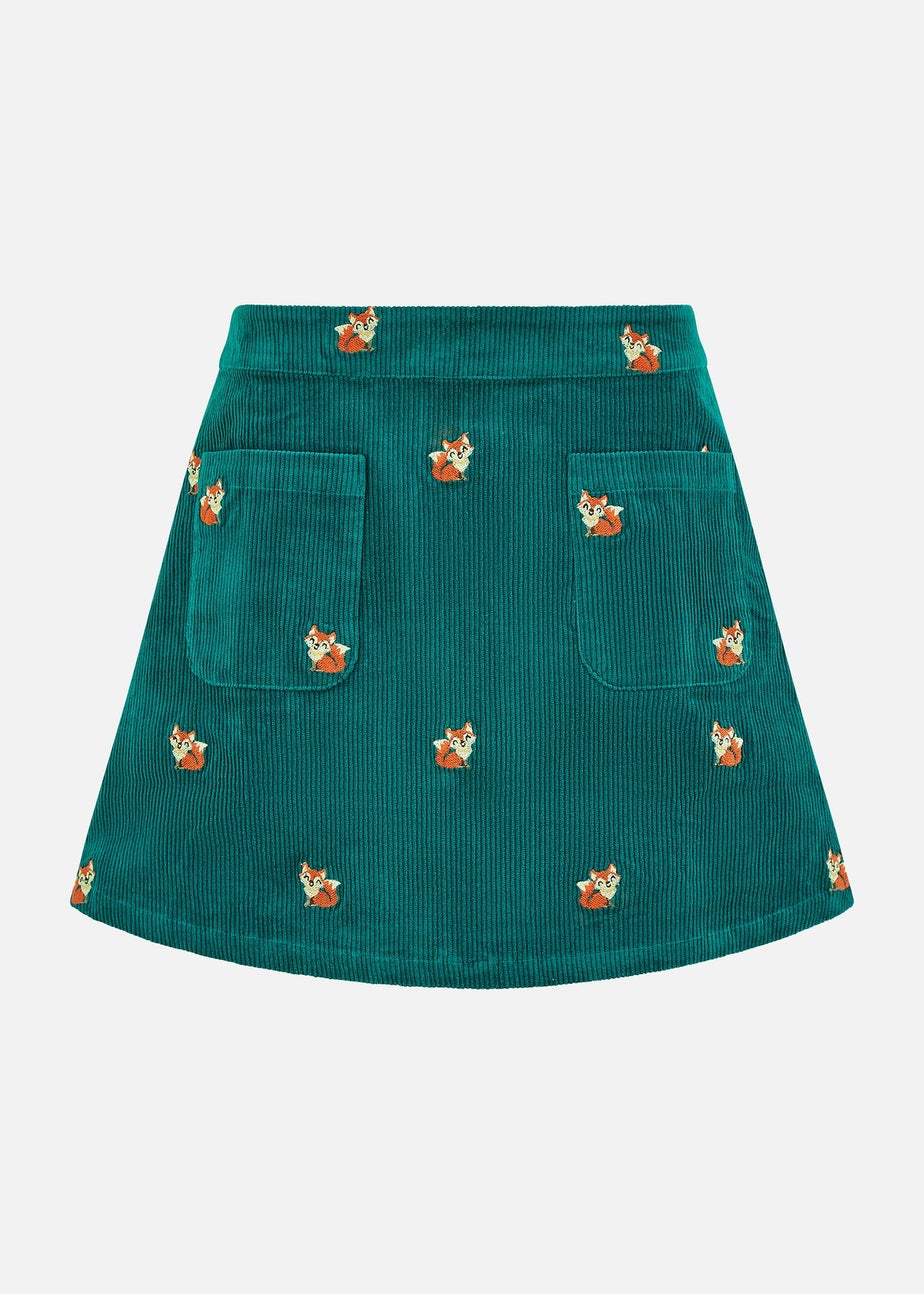 Yumi Teal Fox Embroidered Cord Mini Skirt