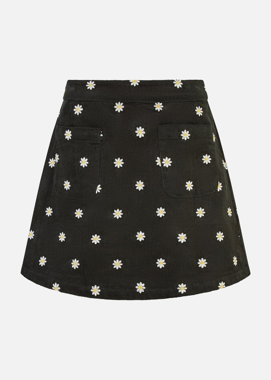 Yumi Black Corduroy Embroidered Daisy Mini Skirt