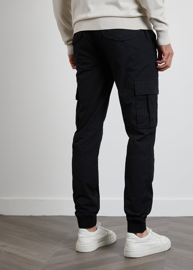 Threadbare Black Cotton Slim Fit Cuffed Cargo Trousers