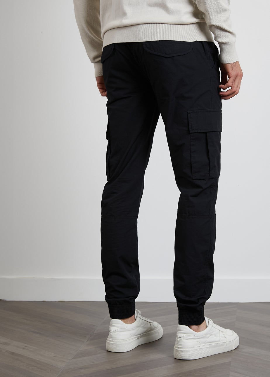 Threadbare Black Cotton Slim Fit Cuffed Cargo Trousers