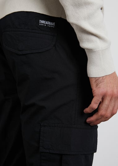 Threadbare Black Cotton Slim Fit Cuffed Cargo Trousers