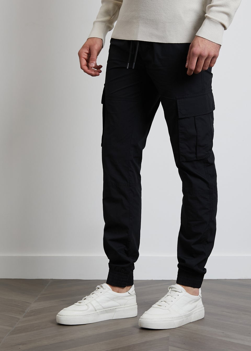 Threadbare Black Cotton Slim Fit Cuffed Cargo Trousers