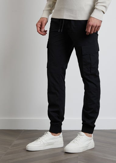 Threadbare Black Cotton Slim Fit Cuffed Cargo Trousers