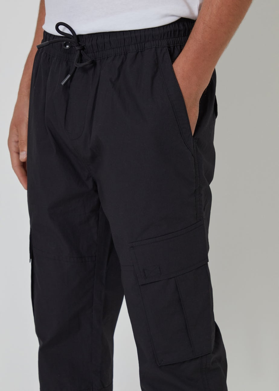 Threadbare Black Slim Fit Cotton Cuffed Cargo Trousers