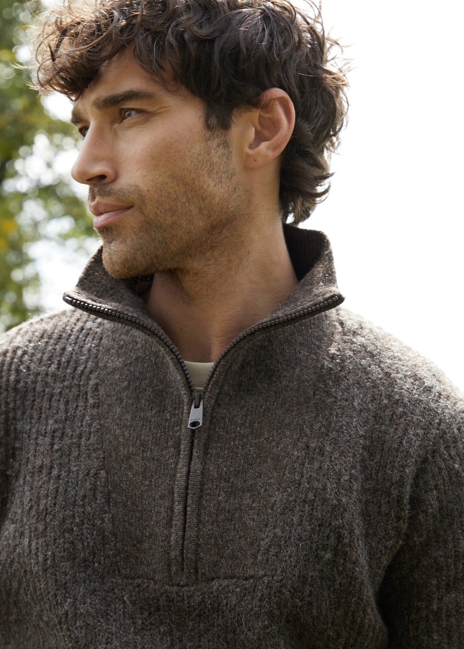 Threadbare Brown Quarter Zip Knitted Jumper