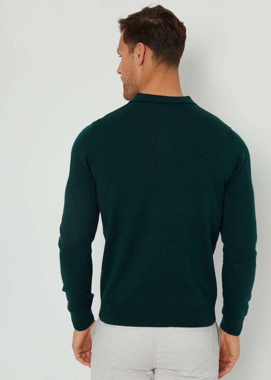 Threadbare Green Long Sleeve Knitted Polo Jumper