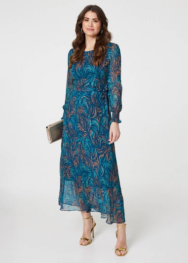 Izabel London Teal Abstract Long Sheer Sleeve Maxi Dress