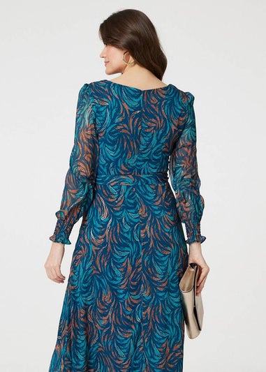 Izabel London Teal Abstract Long Sheer Sleeve Maxi Dress