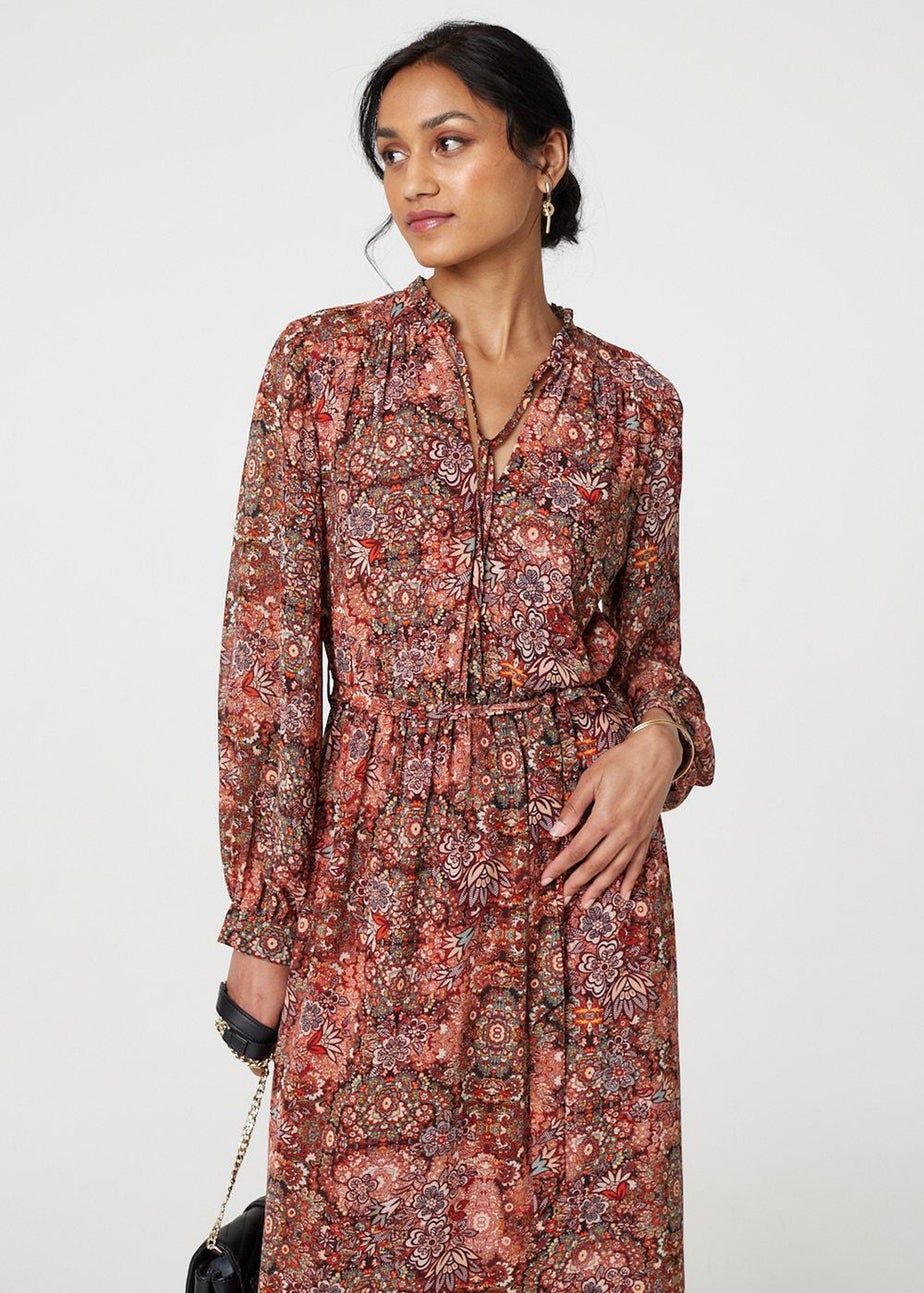Izabel London Red Floral Paisley Semi Sheer Midi Dress