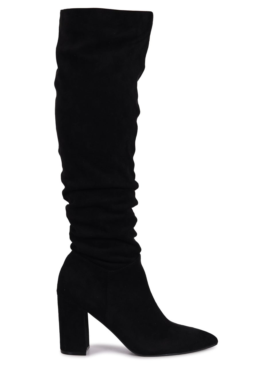Linzi Nina Black Suede Block Heel Knee High Ruched Boot