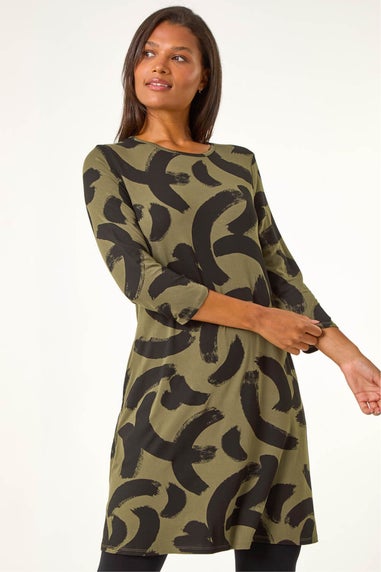 Roman Khaki Brushstroke A-Line Stretch Dress