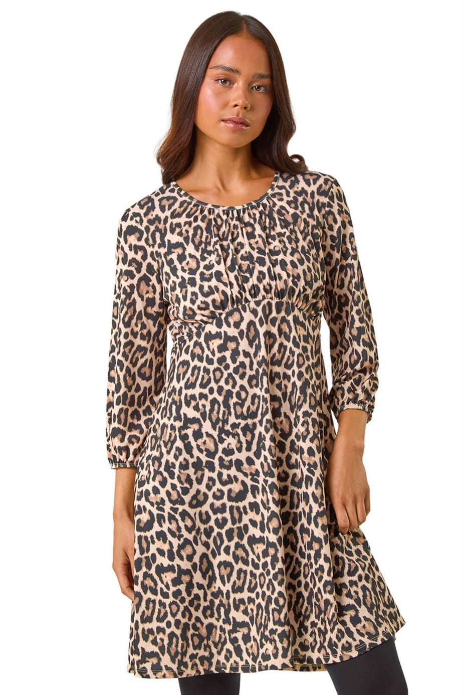 Roman Camel Petite Animal Print Gathered Waist Dress