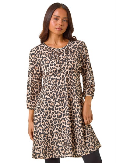 Roman Camel Petite Animal Print Gathered Waist Dress