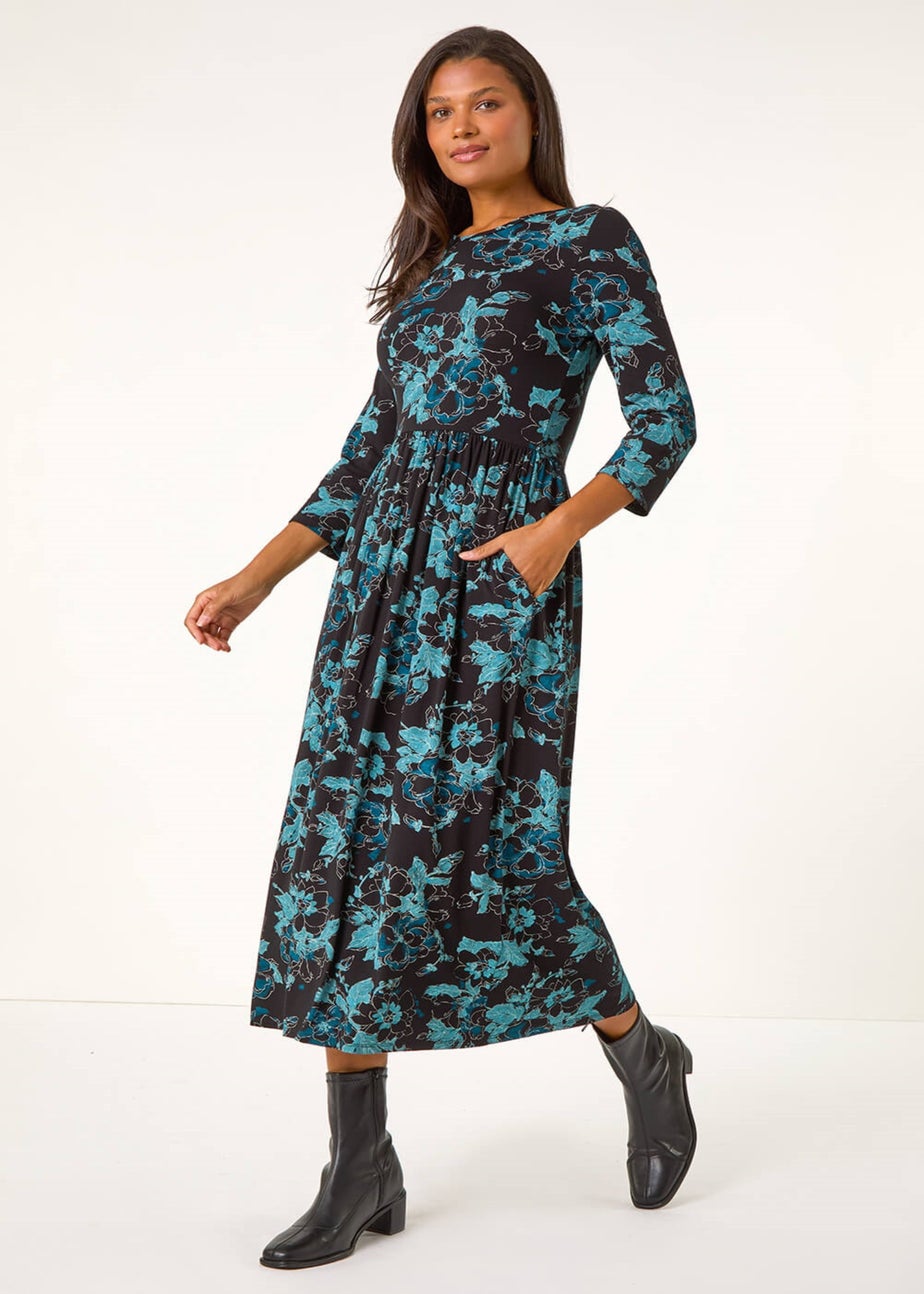 Roman Blue Floral Print Gathered Stretch Midi Dress