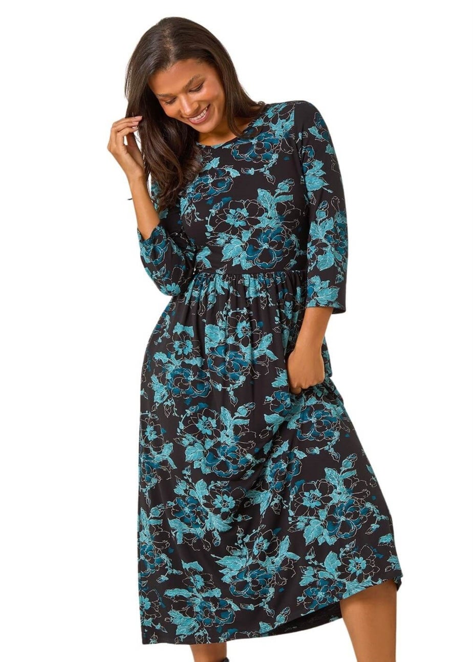 Roman Blue Floral Print Gathered Stretch Midi Dress