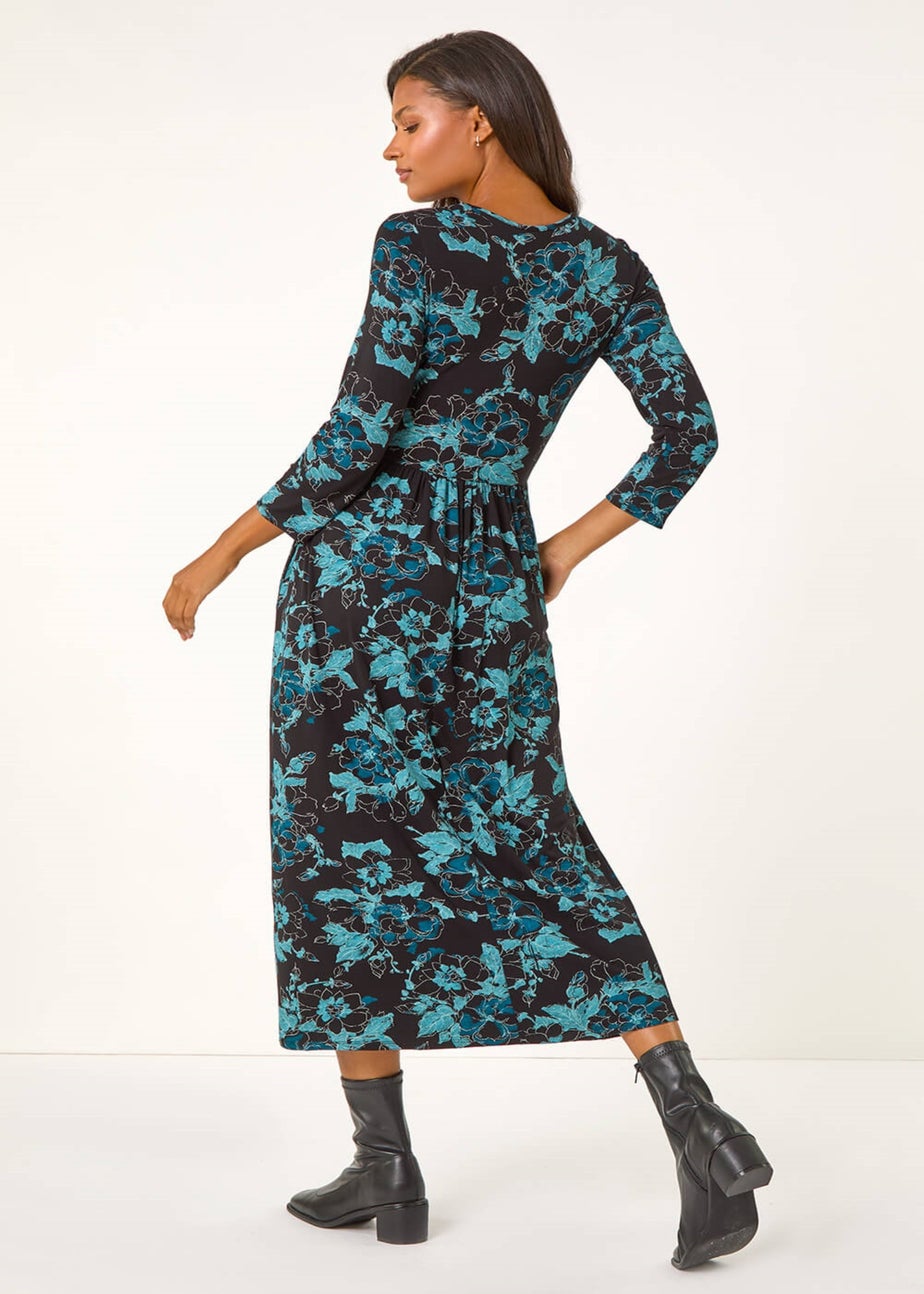 Roman Blue Floral Print Gathered Stretch Midi Dress