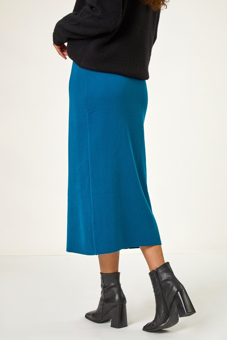 Roman Denim Blue Front Split Knitted Midi Skirt