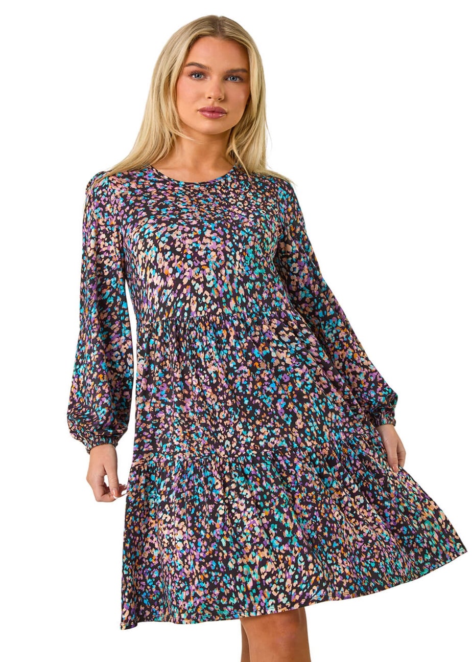 Roman Black Petite Animal Print Tiered Stretch Dress