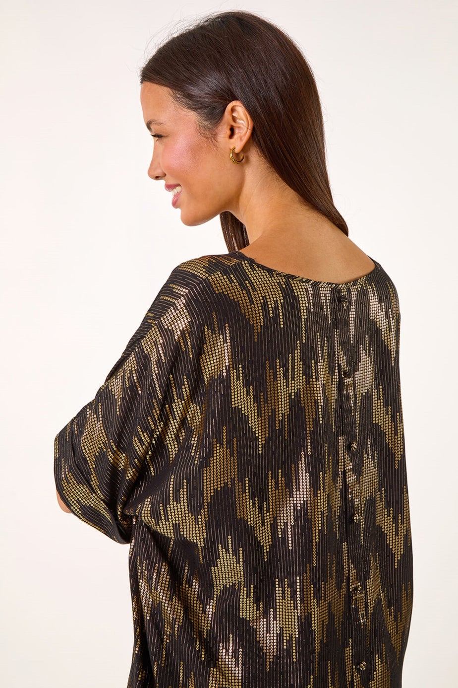 Roman Black Foil Print Button Detail Oversized Tee